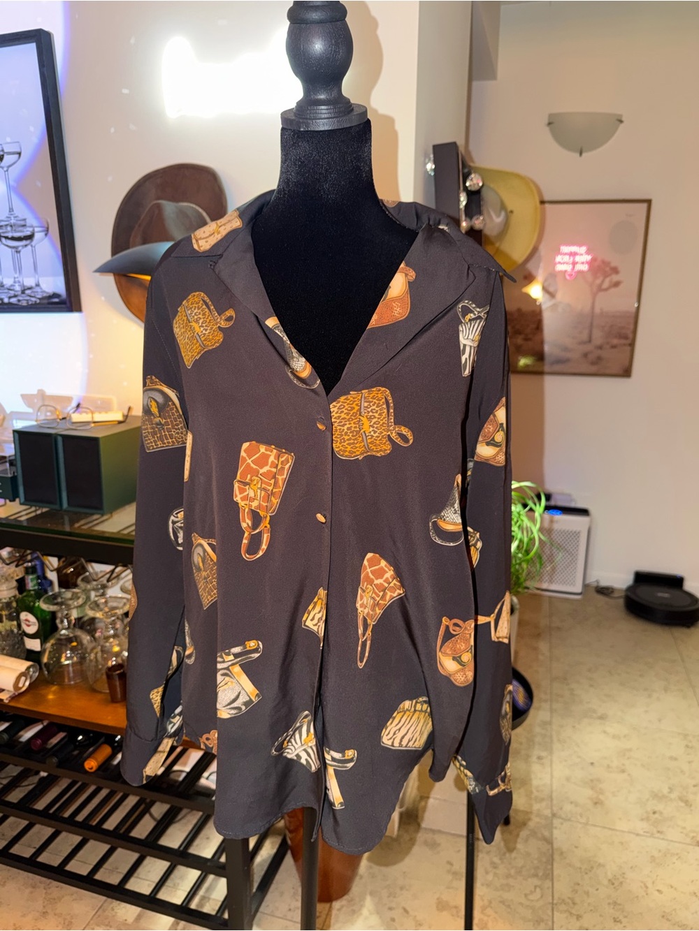 Womens Shoulder Padded Black Printed Button-Up Blouse with Brown Accent Motif